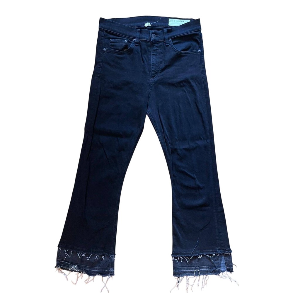 Rag & Bone 10" Crop Flare Jeans Coal Double Hem Black Raw Edge Denim Size 29 EUC